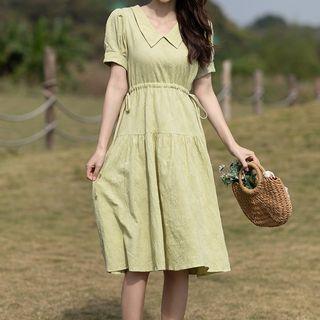Short-sleeve Collar Drawstring A-line Dress