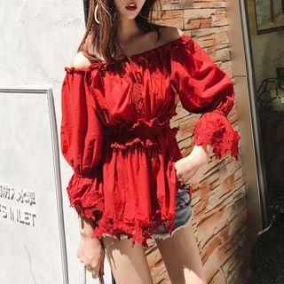 Off-shoulder 3/4-sleeve Lace-trim Blouse