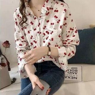 Long-sleeve Cherry Print Loose Fit Shirt