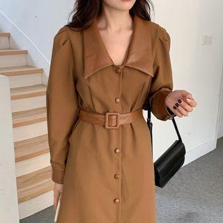 Faux Leather Trim Belted Midi A-line Shirtdress