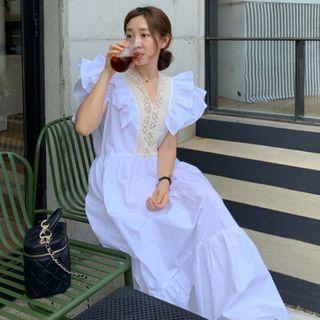 Short-sleeve V-neck Lace Panel Dress