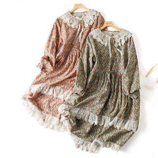 Long-sleeve Floral Lace Trim Midi Smock Dress