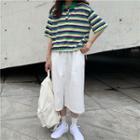 Striped Elbow-sleeve Polo Shirt / Midi Straight-fit Skirt