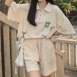Elbow-sleeve Floral Accent Polo Shirt / Sweatshorts