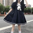 Sailor Collar Bow Mini A-line Dress Black & White - One Size