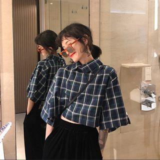 Short-sleeve Plaid Blouse Bluish Green - One Size