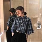 Short-sleeve Plaid Blouse Bluish Green - One Size