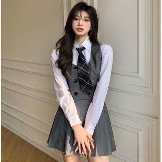 Plain Shirt / Double-breasted Dress Vest / Pleated Skort / Tie