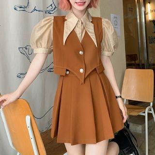 Puff-sleeve Mock Two-piece Shirt / Mini Pleated Skirt