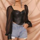 Puff Sleeve Faux Leather Panel Corset Top