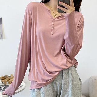 Long-sleeve V-neck Button Plain Top