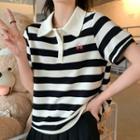 Short-sleeve Cherry Embroidered Striped Polo Shirt Stripes - Black & White - One Size