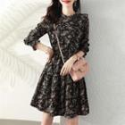 3/4-sleeve Floral Print Ruffled A-line Dress