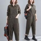 Long-sleeve Collared Cropped Jumpsuit Grayish Green - One Size