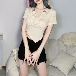 Mock Two-piece Shirred Asymmetrical Crop T-shirt