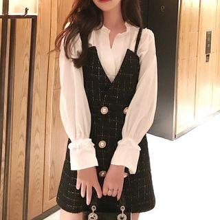 Set: Plain Blouse + Plaid Mini Pinafore Dress