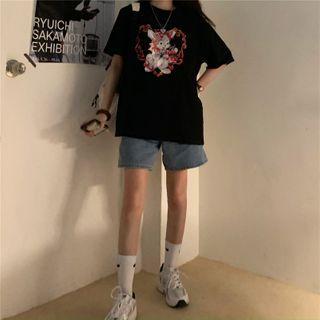 Short-sleeve Loose Fit Printed T-shirt Black - One Size