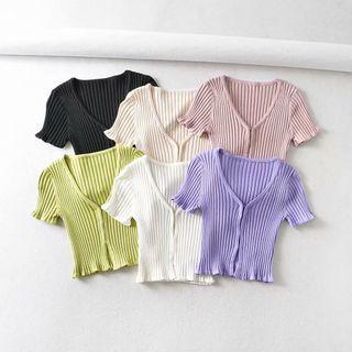 Short Sleeve Ruffled-trim Knitted Crop Top