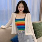 Open-front Cropped Cardigan / Striped Camisole Top