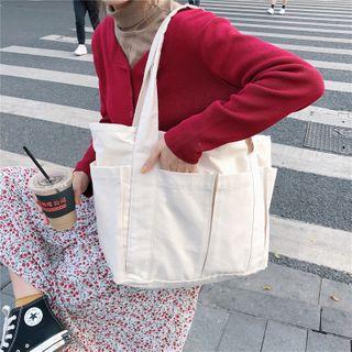 Canvas Pocket Accent Shoulder Tote Bag