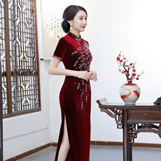 Short-sleeve Embellished Velvet Midi Sheath Qipao Dress