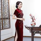 Short-sleeve Embellished Velvet Midi Sheath Qipao Dress