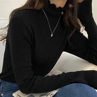 High Neck Frill Trim Plain Knit Top