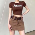 Short-sleeve Letter Applique Crop T-shirt / Denim Pencil Skirt