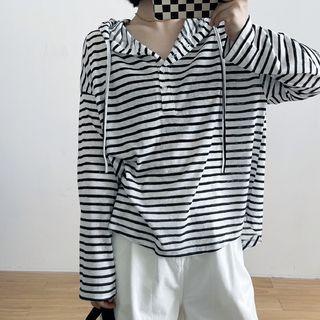 Long-sleeve Striped Hooded T-shirt Stripe - Black & White - One Size