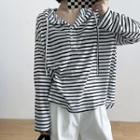 Long-sleeve Striped Hooded T-shirt Stripe - Black & White - One Size