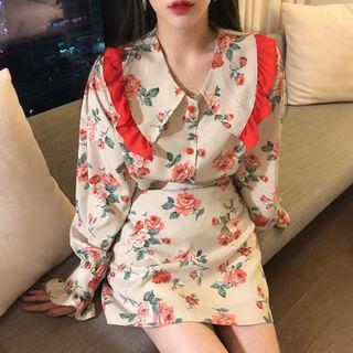 Long-sleeve Floral Print Shirt / Mini A-line Skirt