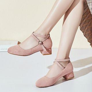Faux Suede Cross Strap Low Heel Mary Janes