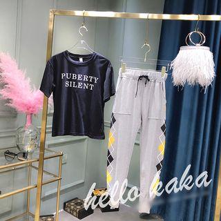 Set: Argyle Patterned Jogger Pants + Lettering Short Sleeve T-shirt