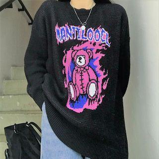 Loose-fit Printed Knit Sweatshirt Black (bear) - One Size