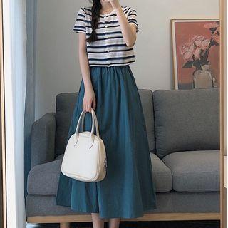 Short-sleeve Striped Top / Midi A-line Skirt / Set