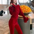 Set: Short-sleeve Velvet Blouse + Boot-cut Pants