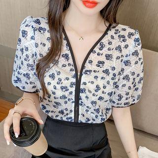 Short-sleeve Floral Print Zip Blouse