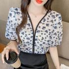 Short-sleeve Floral Print Zip Blouse