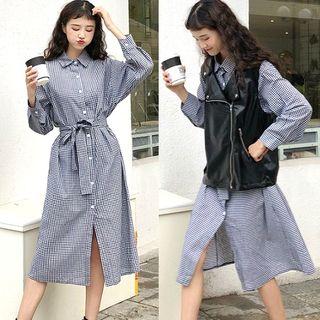 Long Sleeve Checked Shirt Dress / Vest
