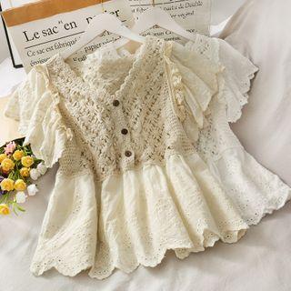 Eyelet Patchwork V-neck Top