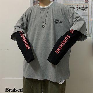 Mock Two-piece Sun Embroidered Long-sleeve T-shirt