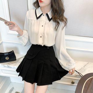 Collared Contrast Trim Chiffon Blouse