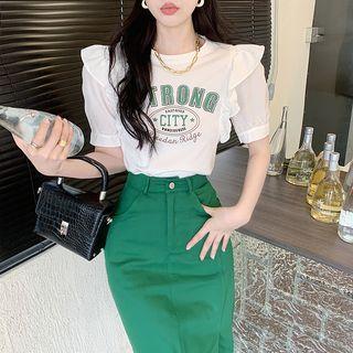 Short-sleeve Lettering Frill Trim T-shirt / Pencil Skirt