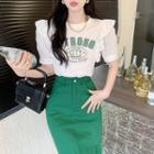 Short-sleeve Lettering Frill Trim T-shirt / Pencil Skirt