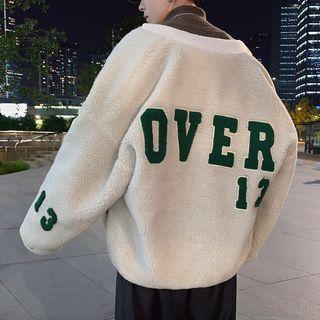 Lettering Applique Fleece Zip Jacket