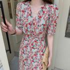 Floral Print Puff-sleeve Ruffle Hem Midi A-line Dress