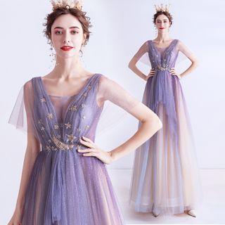 Short-sleeve Glitter Mesh A-line Gown