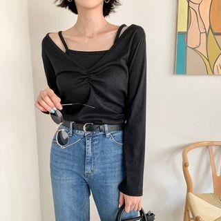 Set: Shirred-trim Ribbed Top + Camisole Top