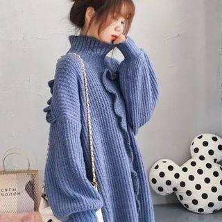 Turtleneck Frill-trim Mini Sweater Dress
