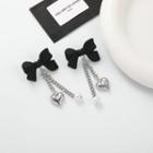 Bow Heart Faux Pearl Alloy Fringed Earring Stud Earring - 1 Pair - S925 Stud - Black & Silver - One Size